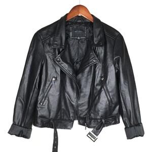 Miss London Moto Jacket Faux Leather Black Belted Coat Women's Small Zip Pockets